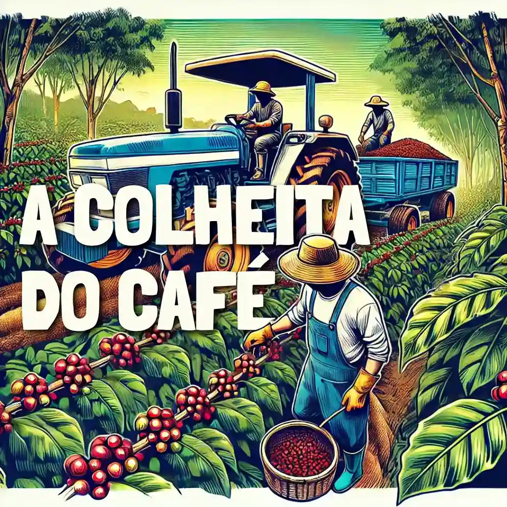 Cena de colheita de café com trator e agricultores trabalhando na Fazenda Jotacê, ilustrando a eficiência e a modernização na colheita.