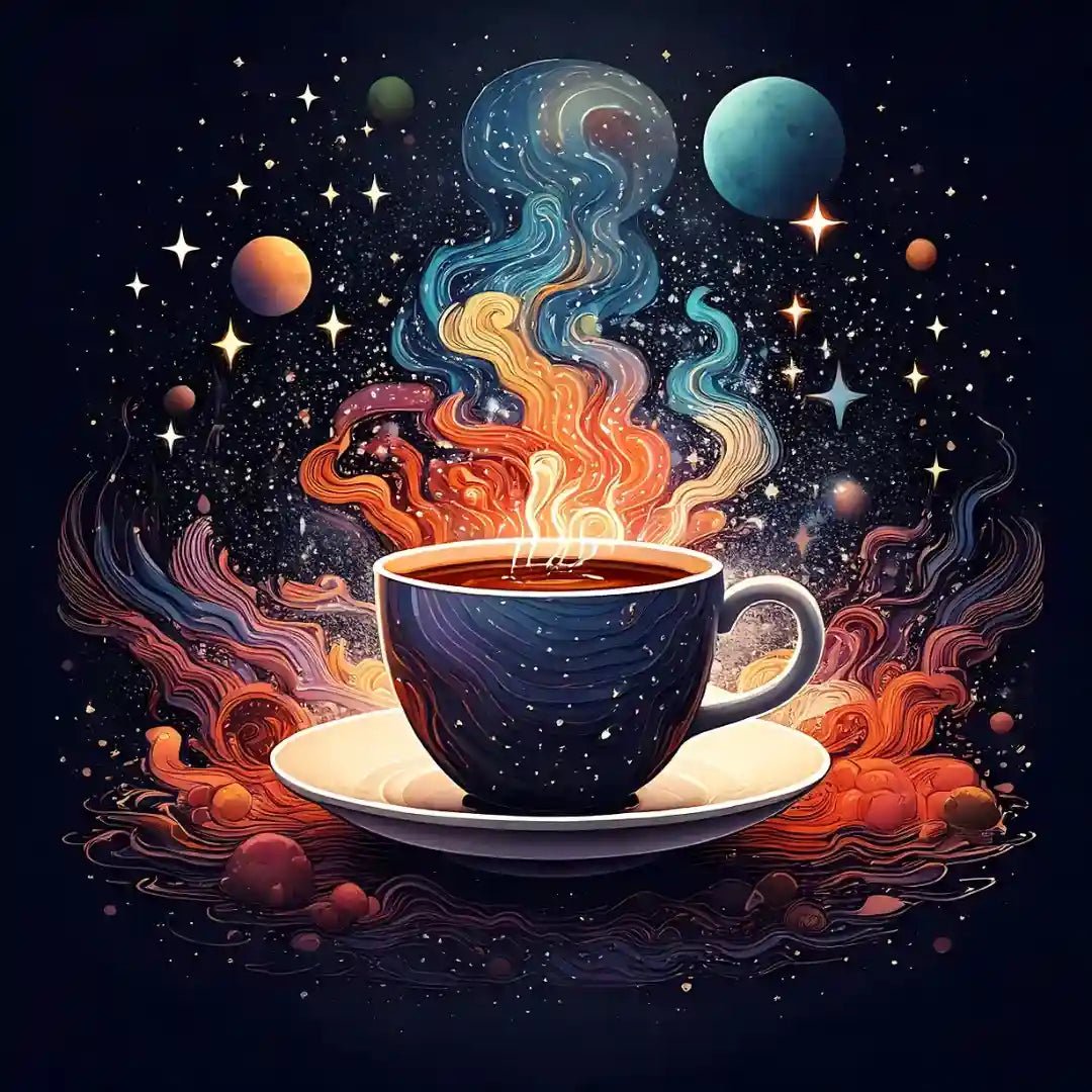 Ilustração conceitual de uma xícara de café no espaço, com vapor colorido formando um cosmos de aromas e sabores. Cada gole de café especial é uma jornada sensorial, cheia de descobertas fascinantes.