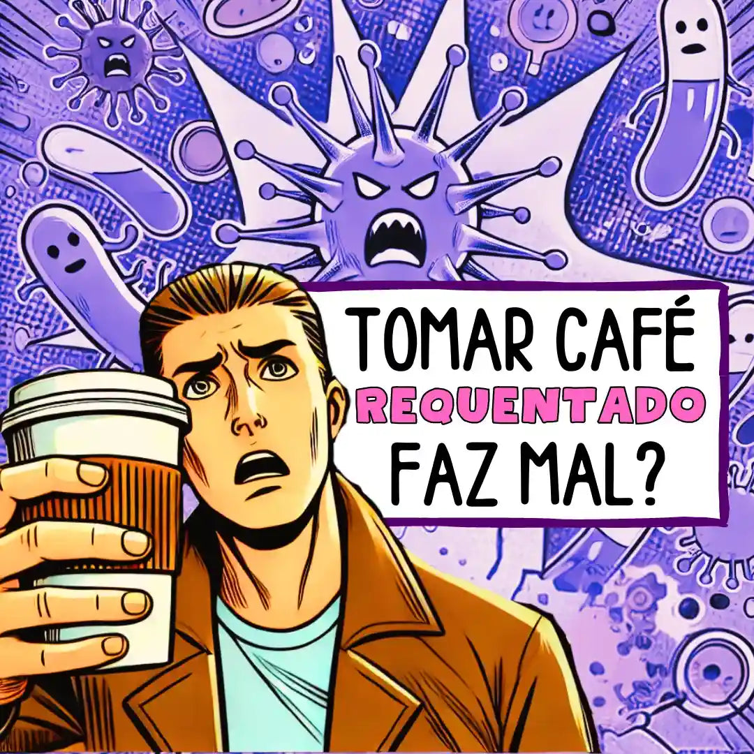 Ilustração estilo pop art com a pergunta: Tomar café requentado faz mal? Capa de artigo sobre os efeitos do café reaquecido na saúde.