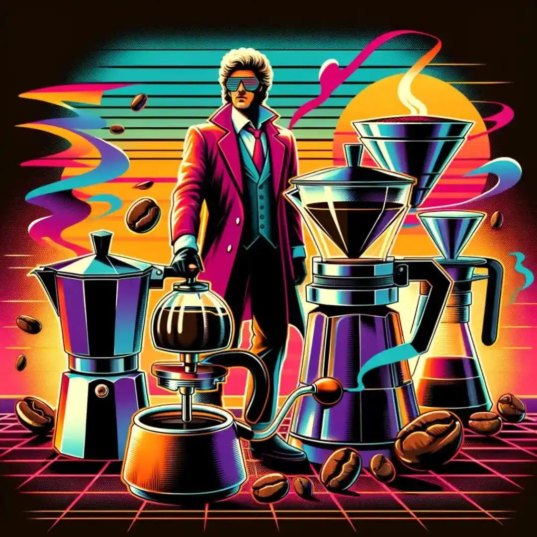 Personagem estiloso ao lado de uma coleção de equipamentos de café, incluindo moka, e sifão, com um fundo abstrato colorido.