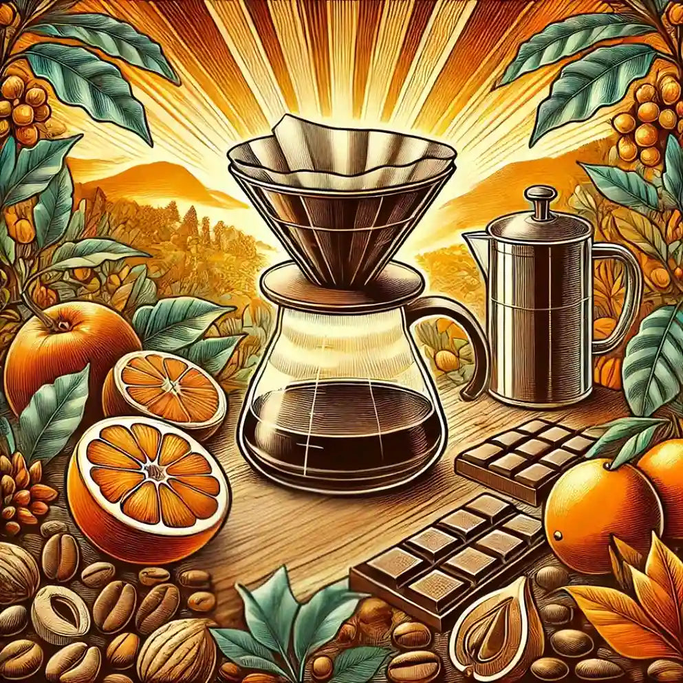 Ilustração detalhada de uma mesa com café coado, frutas cítricas e barras de chocolate, representando os componentes sensoriais únicos de um blend de café.